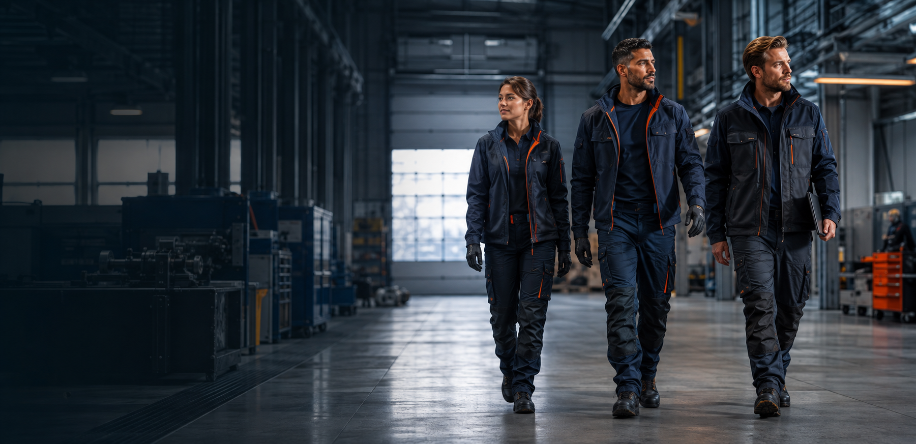QiVi Workwear-team i en modern industrimiljö